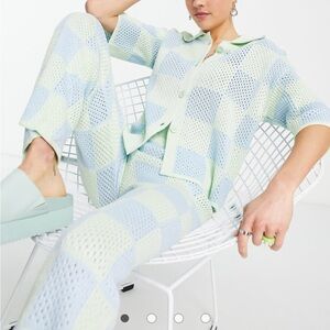 ASOS Mint Green and Light Blue Checkered Cardigan and pants set